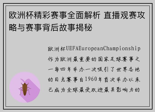 欧洲杯精彩赛事全面解析 直播观赛攻略与赛事背后故事揭秘